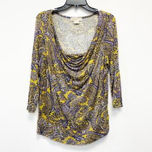 Michael Kors Women's Scoop Neck Paisley Print Top Yellow Mustard Size 1X